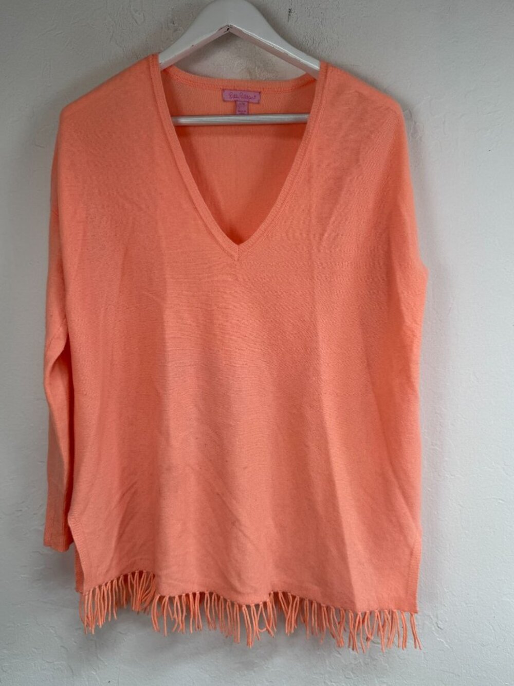 Lilly Pulitzer Women's 100% Cashmere Fringe Hem Knit Sweater S/M Peach Pullover